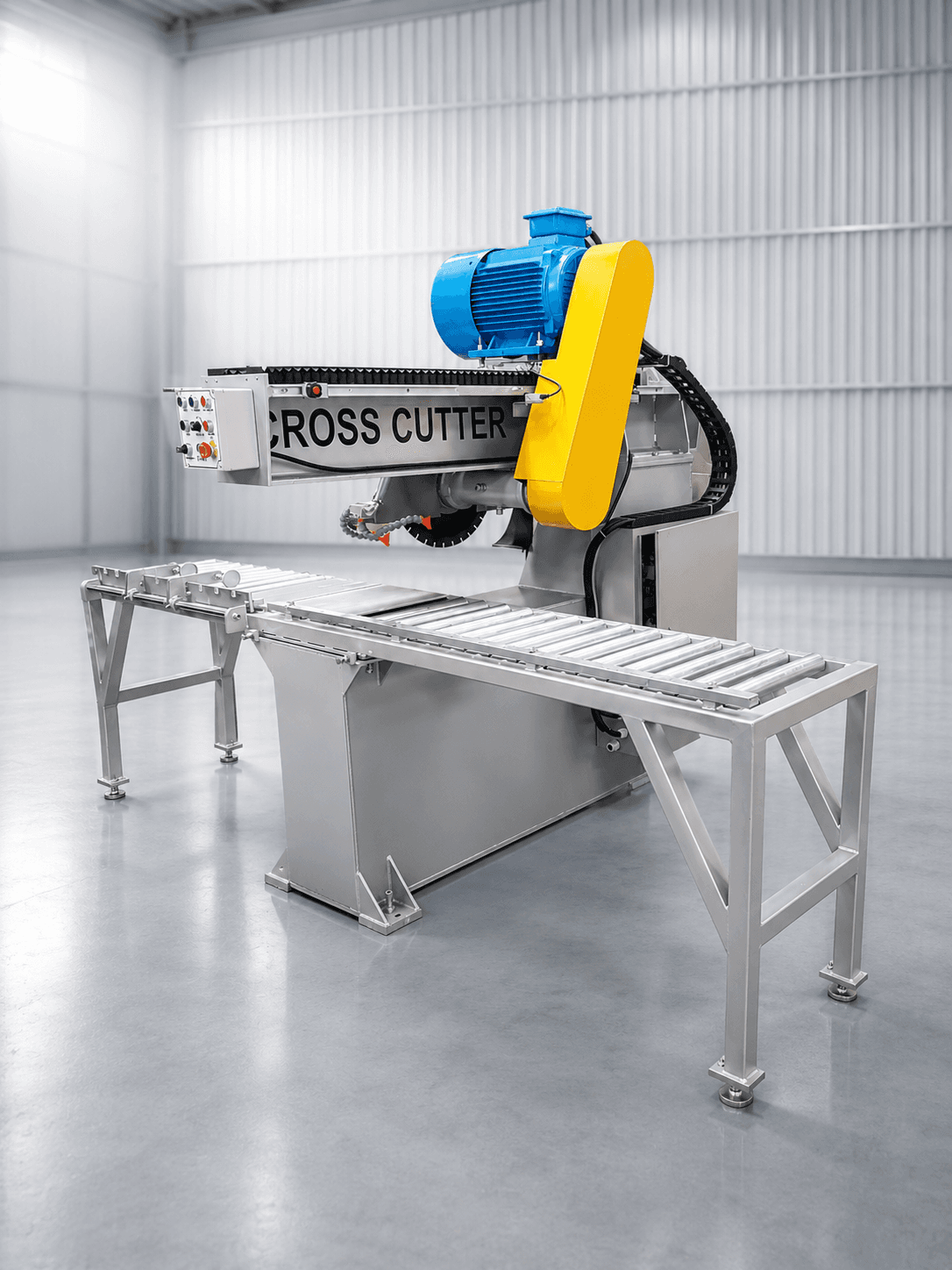 Brick corner cutting machine with roller conveyor